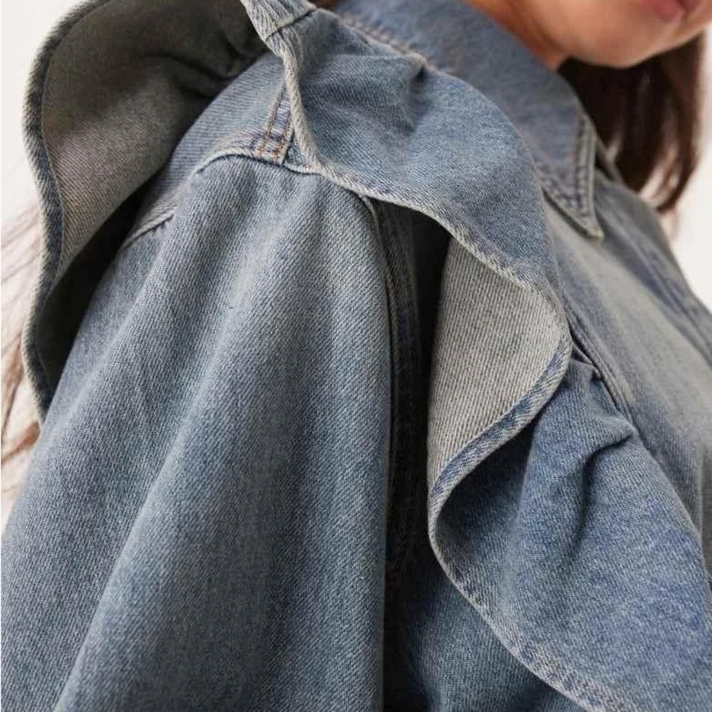 ASOS Light Blue Ruffle Denim Button-Down Shirt - Picture 3 of 4